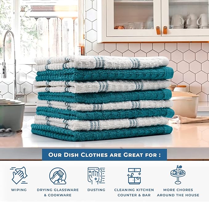 DAN RIVER Premium Dish Cloth 100% Cotton 12 X 12 Inches |Pack of 8|-Ultra Soft Tea Towels-Highly Absorbent Kitchen Rags-Terry Dishcloth for Kitchen and Household Cleaning |Teal|