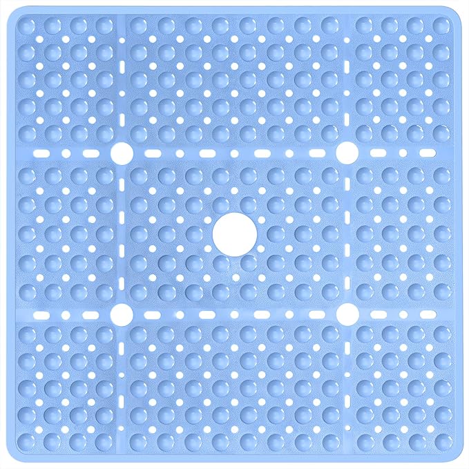 Large Light Blue Square Shower Mat Non Slip 27 x 27 Inch, Soft Bath Mat Tub Mat for Inside Shower Floor, Anti Slip Shower Stall Mats With Big Suction Cups Drain Hole, Easy Washable, BPA-Free