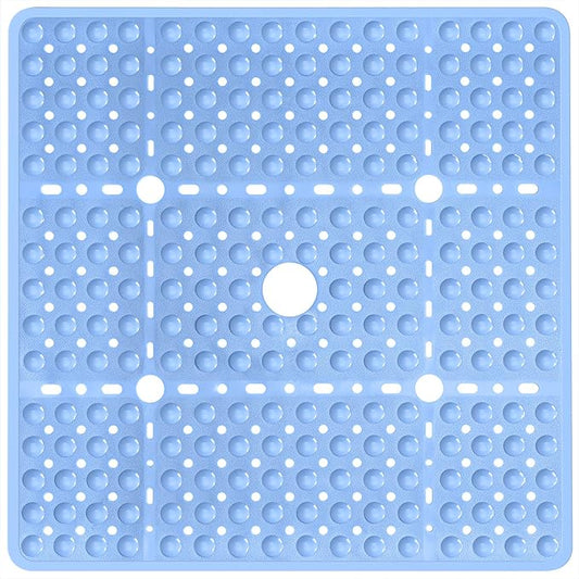 Large Light Blue Square Shower Mat Non Slip 27 x 27 Inch, Soft Bath Mat Tub Mat for Inside Shower Floor, Anti Slip Shower Stall Mats With Big Suction Cups Drain Hole, Easy Washable, BPA-Free