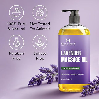 Lavender Massage Oil with Pure Lavender Oil (8 Fl Oz) Skin Tightening Massage Oil for Massage Therapy and Instant Absorption for Bum Thighs and Belly by Botanic Hearth
