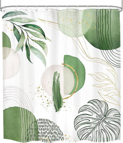 Extra Long Green Boho Shower Curtain 72Wx84H Mid Century Modern Abstract Palm Leaves Plant Tropical Gold Olive Geometric Bathroom Decor Minimalist Bath Curtain Fabric Polyester 12 Pack Hooks