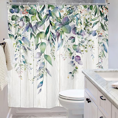 Riyidecor Teal Shower Curtain for Bathroom Decor 72Wx72H Eucalyptus Leaves Plants Watercolor Floral Wooden Board Rustic Botanical Farm Art Printed Fabric Polyester Waterproof 12 Pack Plastic Hooks
