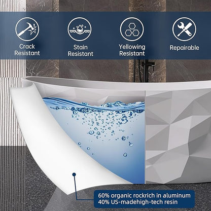 64'' Stone Resin Solid Surface Freestanding Bathtub, Modern Elegant Design Soaking Stand Alone Tub, Diamond Pattern Matte White, Drain and Overflow Included 019-1630