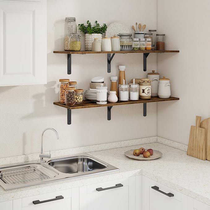 Floating Shelves 40"W x 12"D, Deep Wall Shelves with Brackets for Books, Plant, 12 Inch Deep Bathroom Shelf Set of 2, Large Floating Shelf for Living Room, Bedroom, Kitchen, Rustic Brown, Set of 2