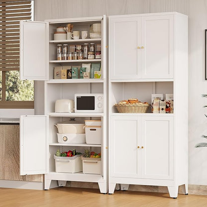 Metal Storage Cabinet, 69" Tall Bathroom Cabinets with 4 Doors & 3 Adjustable Shelves Large Cupboard, White Metal Pantry Cabinets for Kitchen, Home Office, Garage, Warehouse