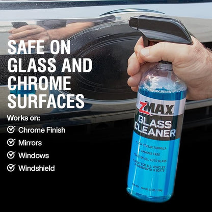 zMAX Glass Cleaner, 24 oz - Safe on All Auto Glass, Chrome Finishes, Mirrors, Windows, and Windshield - Streak-Free, Non-Abrasive, & Ammonia Free Window Cleaner for All Vehicles, Powersports, & Boats