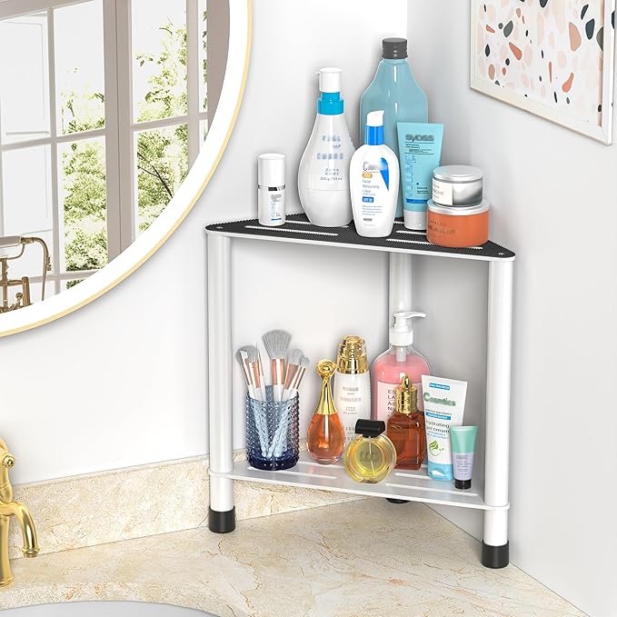 Stainless Steel Shower Stool for Inside Shower, 15.4'' H Shower Foot Rest, Corner Shower Stool with Storage Shelf, Shower Step for Shaving Legs, Bathroom Corner Shower Bench, White