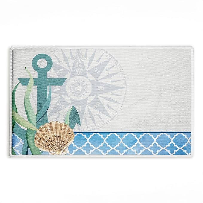 Stupell Industries Bayside Anchor & Compass Plush Bathroom Mat & Bath Rug, Soft Quick-Dry Non-Slip Bathroom Rug with Recycled Foam Cushion, Nautical Coastal Navigation Design by Kim Allen, 18"x30"