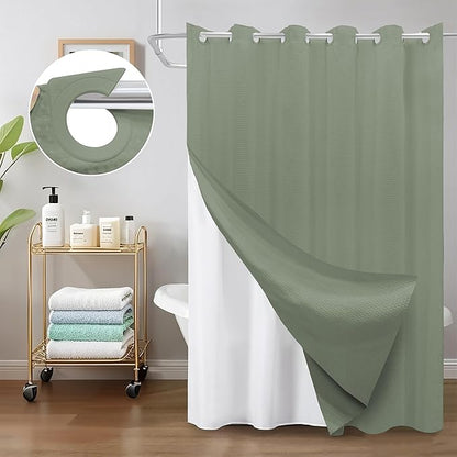 Inhousolu No Hook Waffle Weave Shower Curtain with Removable Snap in Fabric Liner Set for Bathroom, 230 GSM Heavy Duty Weighted Hem, Water Repellent Washable Bath Curtains, 72 x 78 Inch, Sage Green