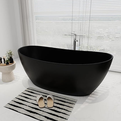 SJ STAR&JANE 65" Solid Surface Freestanding Bathtub Stone Resin Soaking Tub Matte Black Double Slippers Stand Alone Oval Tub with Pop-up Drain and Overflow for Bathroom