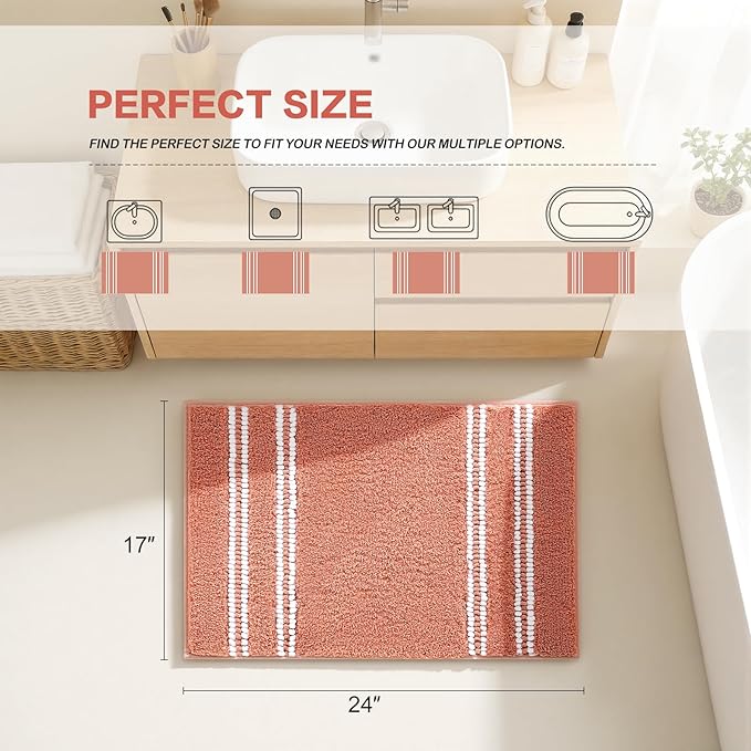 Kmson Bathroom Rugs Mat, 17"x24" Ultra Soft Washable Shaggy Chenille Bath Rugs, Non-Slip Fluffy Thick Water Absorbent Microfiber Mat for Bathtub, Sink and Shower, Pink