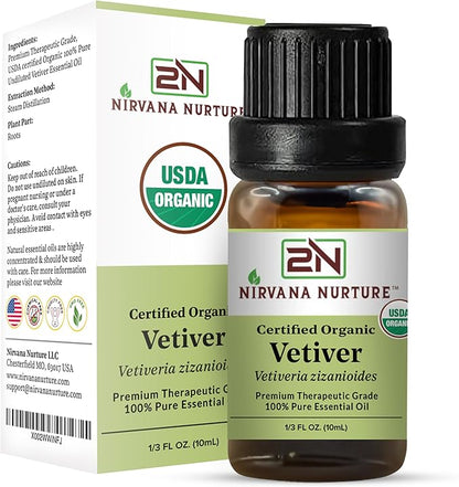 Vetiver Essential Oil USDA Certified Organic, 100% Pure Natural Premium Grade, Undiluted- Aromatherapy Diffuser for Calm and Relaxation, Skin Care, Hair Care