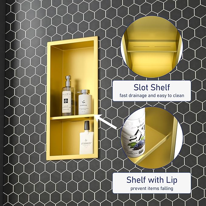 Stainless Steel Shower Niche 18"×8" Gold Double Shelf No Tiled Needed Niche Shower for Bathroom Wall Storage Recessed Bathroom Shelf