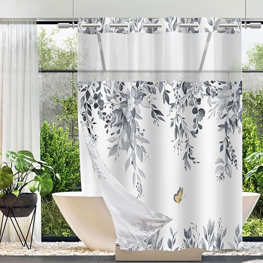 No Hook Shower Curtain and Liner Set, Blue Grey Eucalyptus Floral Shower Curtains for Bathroom, Bath Curtain Sets with Snap in Liner, Waterproof with See Through Top Window, 71x84 Inches