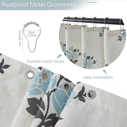 ORTIGIA Linen Blue Shower Curtains for Bathroom Boho Farmhouse Block Print Shower Curtain Set with Metal Hooks Floral Waterproof Aesthetic Rustic Fabric Bath Curtain for Home, Weighted, 72x72