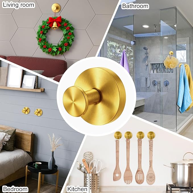 Suction Cup Hook for Shower, 16 Pack Wall Mount Towel Holder, Removable Towel Hook - Stainless Steel No Drill Hook for Bathroom Window Glass Door Wall Home Kitchen Gold