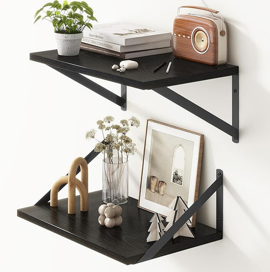 Fun Memories 10 Inch Deep Floating Shelves, Black Floating Shelf 16 Inch Long, 16" W x 10" D Wall Shelves Set of 2, Deep Shelves for Books, Wide Floating Shelves for Bahtoom, Living Room, Kitchen