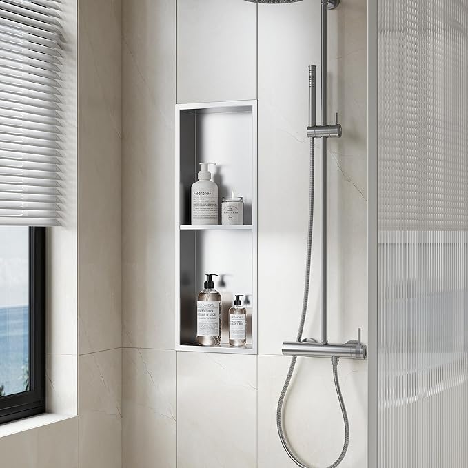 Neodrain Shower Niche Double Shelf Stainless Steel No Tile Needed Bathroom Niches Recessed in Wall, 2-Tier Recessed Wall Niche Waterproof Cubby(8X24 Inch,Brushed)