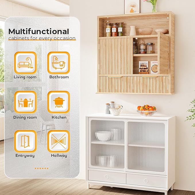 Bathroom Wall Cabinet, Wall Mounted Medicine Cabinet with Drawers, Modern Farmhouse Storage Cabinet with with Adjustable Wood Shelf & Doors for Bathroom, Kitchen, Laundry Room (Natural Oak)