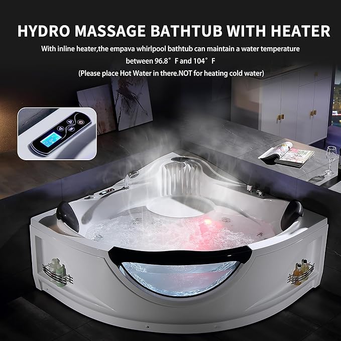 Empava 2 Person Whirlpool Bathtub,Corner Jetted Bathtub with Heater,Corner Jetted Tub with Light,Spa Bath tub with 10 Jets,Hydro Massage Tub with Chromatherapy,ETL Certified