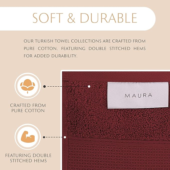 MAURA Burgundy Bath Towel Set of 8 for Bathroom. Turkish Cotton Luxury Bath Towels Extra Large, Thick, Plush & Soft. Hotel & Spa Quality - Burgundy