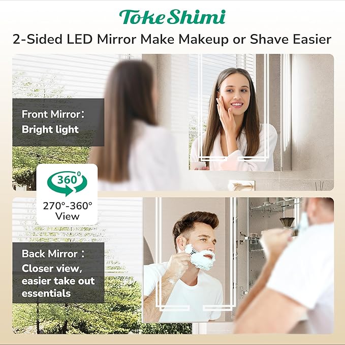 TokeShimi 36 x 32 Bathroom Medicine Cabinet with Lighted Mirror Tempered, LED Medicine Cabinet Mirror with 3 Colors Dimmable, CRI 80+, Anti-Fog, Memory Funtion, Wall Make up Mirror with Storage