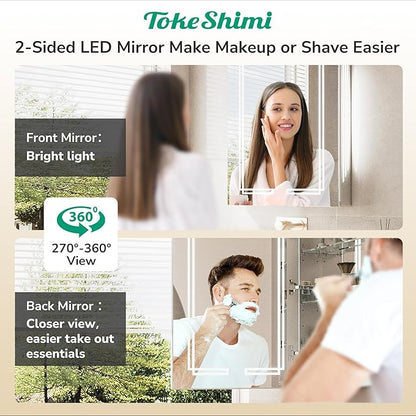 TokeShimi 30x32 Bathroom Mirror Medicine Cabinet with Light 3 Colors, Anti-Fog Tempered LED Mirror with Storage, Stepless Dimming CRI 80+, Memory Funtion, Wall Mirrored Cabinet for Bathroom Décor