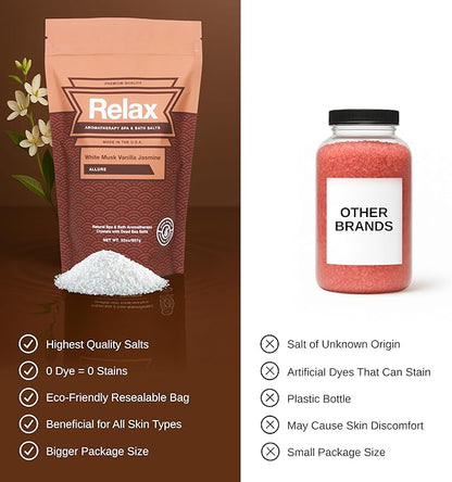 Relax Spa & Bath, Epsom & Dead Sea Salts, Aromatherapy Bath Salts for Hot Tub, Bath, or Spa, Infused with Magnesium, White Musk Vanilla Jasmine