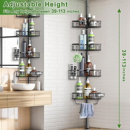 Corner Shower Caddy Tension Pole, 4-Tier Rustproof Bathroom Organizer Storage for Inside Shower Bathtub Shampoo,39 to 113 Inch Adjustable Floor Standing Shelves Black