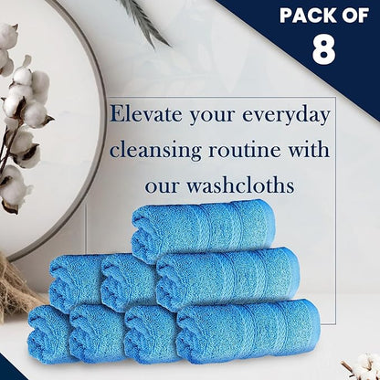 HALLEY Turkish 8 Pack Premium Washcloths (8 Pieces) 650 GSM Highly Absorbent Super Soft 100% Cotton - 8 Washcloths (Blue)