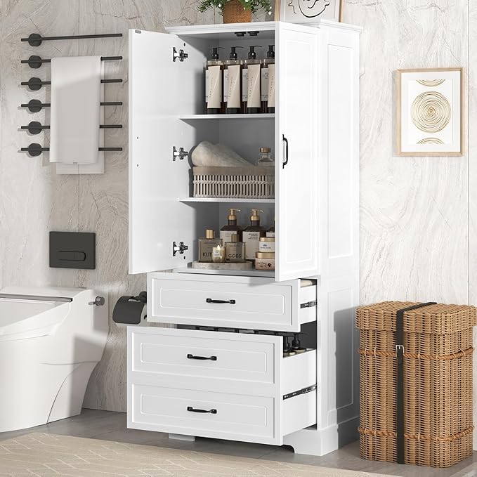 Favfurish 69" Tall Bathroom Storage Cabinet with Doors and 2 Drawers,Modern Linen Cabinets w/Adjustable Shelf & Magnetic Door Stopper,Freestanding Organizer for Dining Room,Kitchen,Office,White