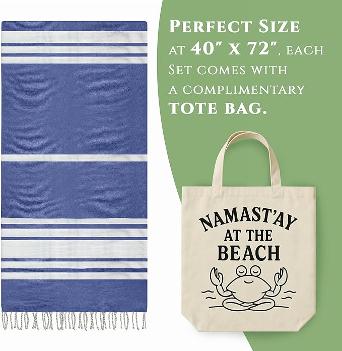 Turkish Cotton Beach Towel Pack of 4 & 1 Boho Tote Bag - Hammam Towels - No Shrink - Quick Dry - Lightweight - Sand Free - Camping - Pool - Tanning - Beach Essentials - Dark Blue (40"x70")