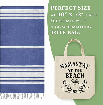 Turkish Cotton Beach Towel Pack of 4 & 1 Boho Tote Bag - Hammam Towels - No Shrink - Quick Dry - Lightweight - Sand Free - Camping - Pool - Tanning - Beach Essentials - Dark Blue (40"x70")