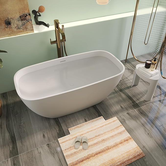 59" Premium Matte White Solid Surface Freestanding Bathtub, Upgraded Modern Design Stand Alone Bath Tub with Overflow and Pop-up Drain