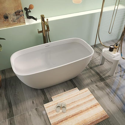 59" Premium Matte White Solid Surface Freestanding Bathtub, Upgraded Modern Design Stand Alone Bath Tub with Overflow and Pop-up Drain