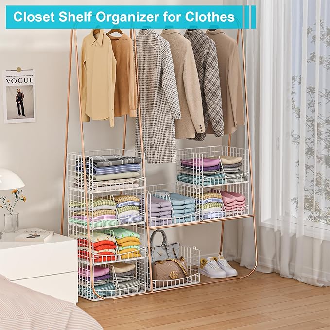 Divided 4-Tier Stackable Closet Organizers and Storage Basket, Foldable Closet Shelf Organizer Systems for Clothing Sweaters, Wardrobe Cupboard, White