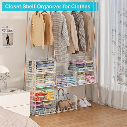 Divided 4-Tier Stackable Closet Organizers and Storage Basket, Foldable Closet Shelf Organizer Systems for Clothing Sweaters, Wardrobe Cupboard, White