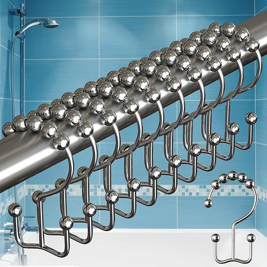 BigFoot Shower Curtain Hooks, Stainless Steel, Rust Resistant, Easy Installation & Smooth Glide, Fits Standard Shower Rods, 2 Hook Rings Hold Liners & Curtains, 12 Pieces, Nickel Color