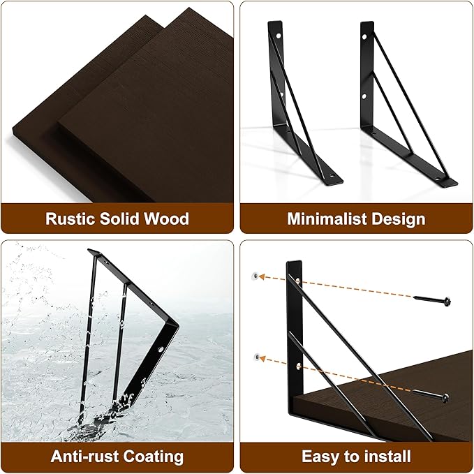 Love-KANKEI Deep Floating Shelves for Wall, 16" W x 12" D Wide Wall Shelves Set of 2, Rustic Large Wood Hanging Shelves for Storage, Bathroom Bedroom Living Room Kitchen Dark Brown
