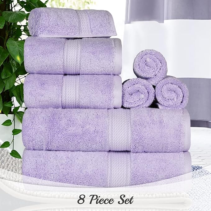 BLUENILEMILLS Madison Egyptian Cotton Towels, Towel Set for Bathroom, Shower, Hotel, Plush, 800 GSM, Highly Absorbent and Ultra-Soft Towels, Bath Essentials, 8 Piece Assorted Towel Set, Purple