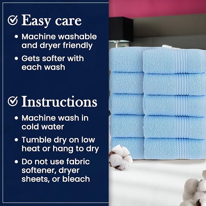 HALLEY Turkish Cotton Towels (Pack of 10) Washcloths Super Soft Highly Absorbent 100% Cotton Fingertip Towels for Bathroom and Kitchen for Mother’s Day (Powder Blue)