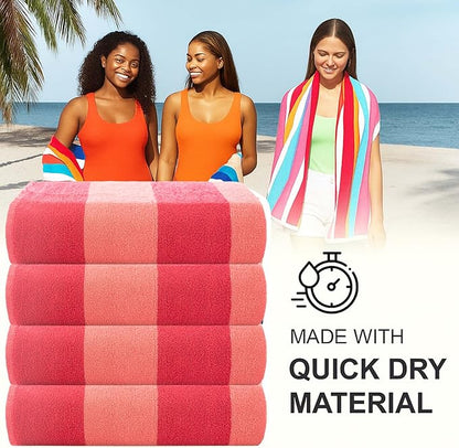 CASA COPENHAGEN Malibu Beach Towels Designed in Denmark Rough and Tough, Quick Dry, for Pool, Bath & Shower 30x60 inches 4 Pieces Cotton Beach Bath Towels Set - Pink