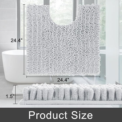 Yimobra Toilet Rug U Shaped Washable 24x24 Inch - Ultra Soft Absorbent Chenille Bath Rugs for Toilet, Quick Dry & Machine Washable, Non Slip Contour Bathroom Mat, Silver