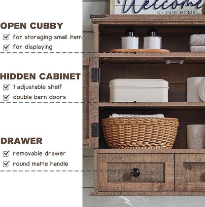 ACCOHOHO Bathroom Wall Cabinet, Farmhouse 24" Wide Medicine Cabinet with Drawer, Adjustable Shelf, Double Barn Doors, Storage Cabinets for Bathroom, Kitchen, Living Room, Rustic Brown