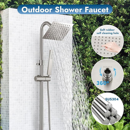Wall Mounted Outdoor Shower Set Brushed Nickel 6 Inch Square Rainfall Shower Head with Hand Held Spray Double Cross Handles with Adjustable Slide Bar Exterior Dual Function Shower Kit