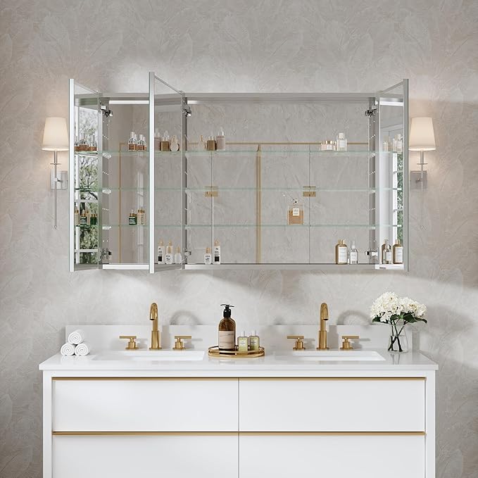 WELLFOR 48" x 30" Bathroom Medicine Cabinet, Anodized Chrome Aluminum Frame, Medicine Cabinet with Adjustable Glass Shelves, Bathroom Mirrored Cabinet, Surface or Recessed Mount, Three Doors