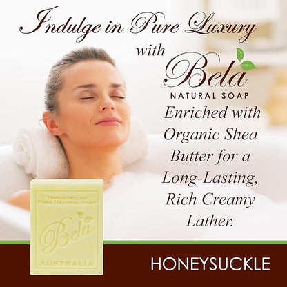 BELA Pure Natural Soap - Honeysuckle Scent - 3.3 oz Pack of 6, Long Lasting Triple Milled French Soap Enriched with Organic Shea Butter, Rich Creamy Lather, Made in Australia