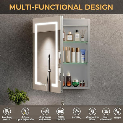 LED Bathroom Mirror 20 * 26 Stepless Dimmable Wall Mirrors with Anti-Fog, Shatter-Proof, Memory, 3 Colors, Memory Function, Water Proof, Decor Vanity Mirror