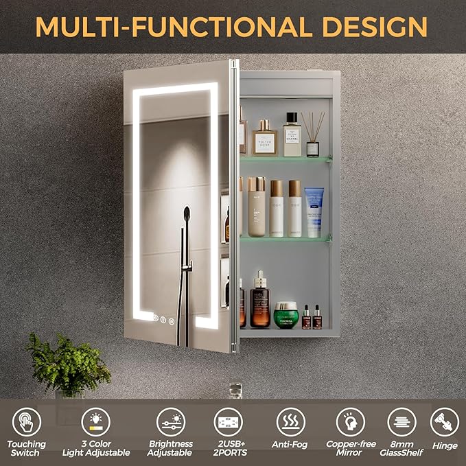 New LED Bathroom Mirror 16 * 24 Stepless Dimmable Wall Mirrors with Anti-Fog, Shatter-Proof, Memory, 3 Colors, Memory Function, Water Proof, Decor Vanity Mirror