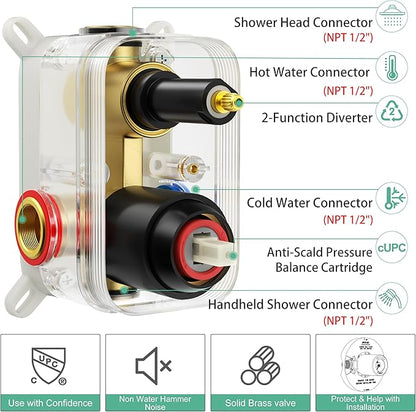 SR SUN RISE Shower Faucet - 12 Inch Multifunctional High Pressure Shower Head System with Handheld Shower Head Fixtures - Valve Included - Matte Black